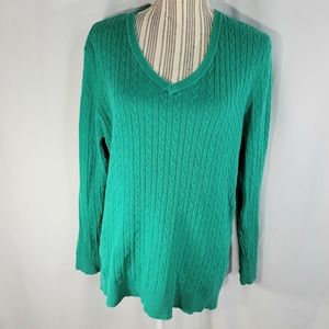 Basic Editions Green V Neck Long Sleeve Cable Knit Sweater Size XLarge